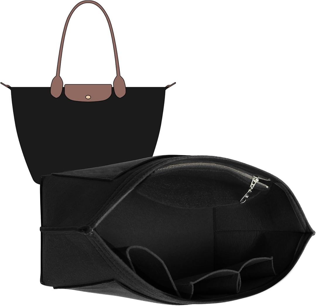Doxo Purse Organizer Insert Compatible with Longchamp Le Pliage M Handbags,Shoulder Bag L,Custom Fit Size,with Cup Holder(Large,Black)