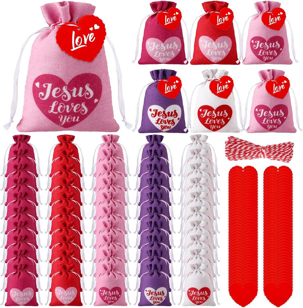 Sweetude 50 Pcs Valentine's Day Burlap Gift Bags with Heart Tag 4 x 6 Inch Jesus Loves You Small Drawstring Bags Reusable Goody Treat Pouches for DIY Crafts Wedding Favors Easter Christian Religious