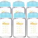 Matyz Glass Breastmilk Storage Bottles, 6 Pack, 6 oz, Compatible With Spectra Medela Breast Pump - Freezer Safe Storage Bottles Set - Wide Mouth Breastmilk Storage Containers - BPA Free (Blue Lids)