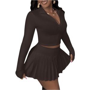 SOLY HUX Women's Skirt Sets 2 Piece Outfits Long Sleeve Crop Top with Pleated Mini Skirt Set Party Outfits for Women (Large, Plain Brown)