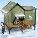 Medium Heated Cat House for Outside Winter,Inner Insulation Layer and 100% Waterproof,Built in MET and UL Dual Certified Heater,Intelligent Controller That Can Freely Set Temperature and Time (New Green)