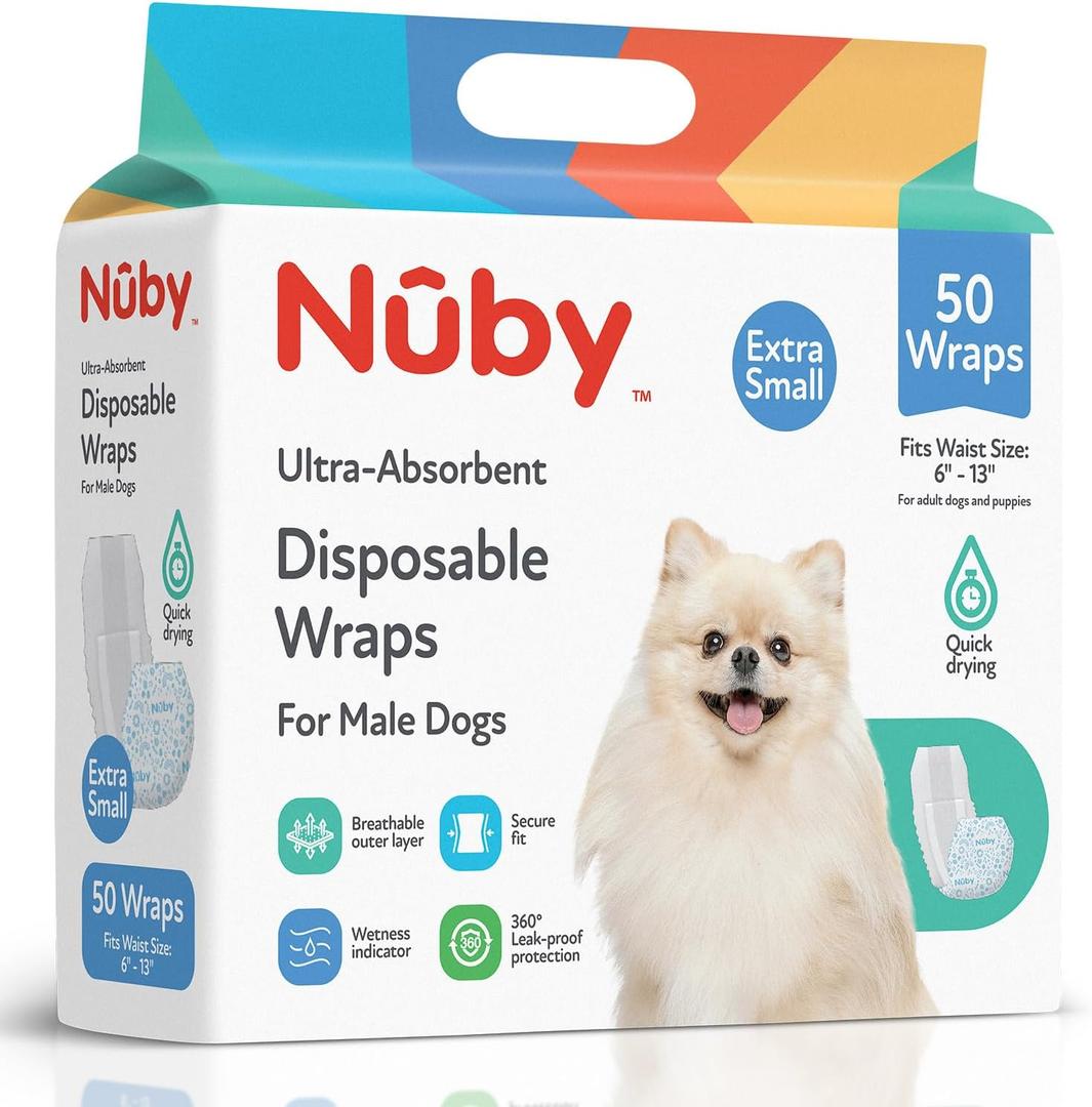 Nuby Pets Disposable Male Dog Wraps with Wetness Indicator, Absorbent & Leak-Resistant Belly Bands for Male Dogs, XSmall (613 Waist), 50 Count