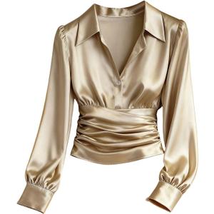 GORGLITTER Women's Satin Long Sleeve Blouse Button Down Ruched Cinched Waist Dressy Casual Business Work Tops (Khaki), Small