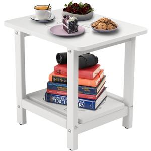 18.9x15x17.9in HDPE Outdoor Side Table, Weatherproof Small Outdoor Table for Adirondack, Patio, Porch, Balcony, Poolside (2-Tier, White)