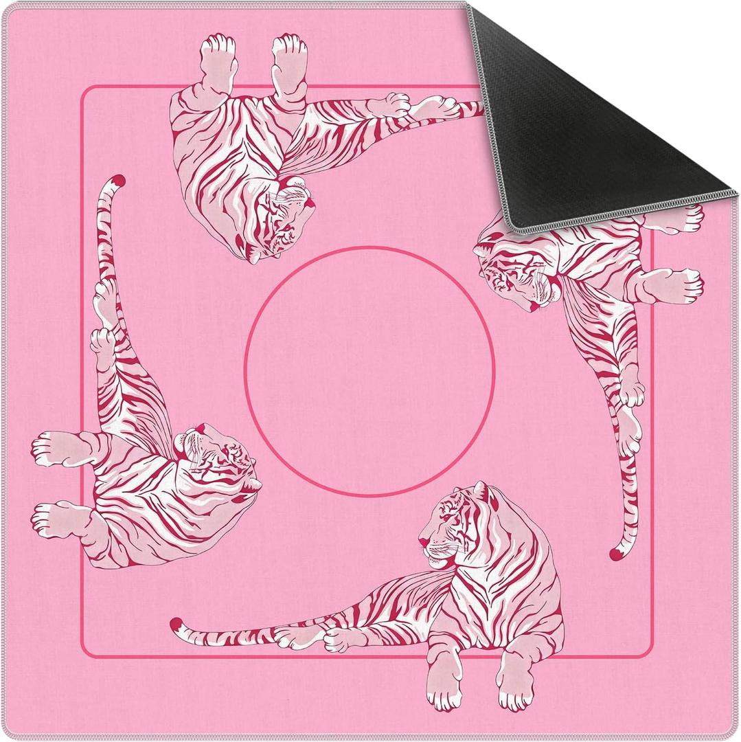 Pink Tiger Mahjong Mat 31.5 x 31.5 Inch, Preppy Pink Aesthetic Tiger Non-Slip Noise Reduction Mahjong Table Mat for American Mah Jong Poker Card Board Games Dominoes, 31.5 x 31.5 x 0.3 inches