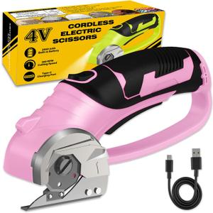 Cordless Electric Scissors, 4V Box Cutter & Cardboard Cutter with Upgrade Blade, LED Light, Safety Lock - Rechargeable Rotary Cutter for Fabric, Leather, Plastic, Crafting, Sewing, Industrial (Pink) (Pink - Individually Packaged)