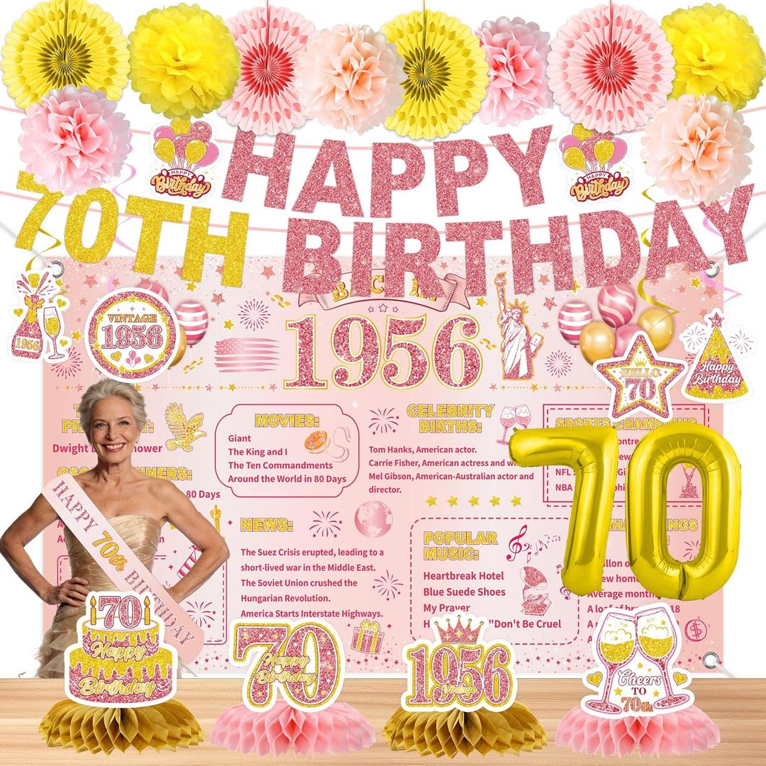 24 Pcs 70th Birthday Decorations for Women, Back in 1956 Party Supplies, Pink Gold 70th Birthday Banner Backdrop Hanging Swirls Balloons Honeycomb Centerpieces Sash