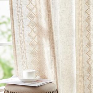 jinchan Boho Curtains Linen Blend Ivory Farmhouse Curtains 84 Inches Long for Living Room Square Embroidered Bordered Back Tab Living Room Window Light Filtering Bohemian Drapes 2 Panels