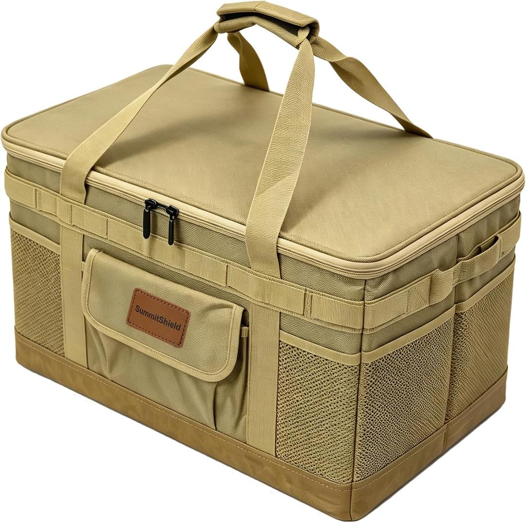 57L Tactical Camping Storage Bag - Khaki, Waterproof, Foldable Utility Tote Bag with Axe Holder, Outdoor Picnic Organizer for Camping, Hiking, BBQ,Trunk Organizer, X-Large