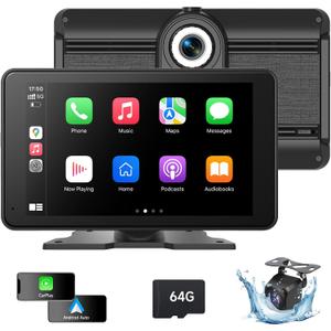 Portable Wireless Carplay Screen for Car, 7 Inch HD A-pple CarPlay & Android Auto Touchscreen with 4K Dash Cam, 1080P Backup Camera/Mirror Link/Siri/Bluetooth/GPS Navigation