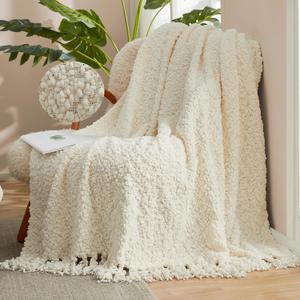 Amlie Home Knit Throw Blanket with Tassels for Couch, Luxury Boho Throw Blanket for Summer Ivory, 50"x60"