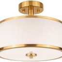 Edwarmlux 3-Light Semi Flush Mount Ceiling Light Fixture, 12.6" Gold Drum Light with White Fabric Shade, Modern Close to Ceiling Light for Living Room Bedroom Dining Room Kitchen Hallway Entry Foyer