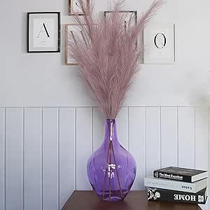 15" Large Glass Floor Vase for Pampas Grass Plants Flowers, Hand Blown Big Glass Vase, Big Purple Jug Vases for Table Decor, Heavy Duty Glass Vase - Boho Home Decor, Purple