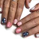 24 Pcs Independence Day Nails Short Square Press on Nails Blue Fake Nails 4th of July False Nails with Stripe and Star Designs Full Cover Glossy Glue on Nails Reusable Acrylic Nails for Women