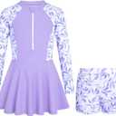 HOZIY Girls Long Sleeve Swimsuit Two Piece Rash Guard Dress with Swim Shorts Front Zip for Kids Tween Teens UPF 50+ (7-8 Years, Lavendar Floral)