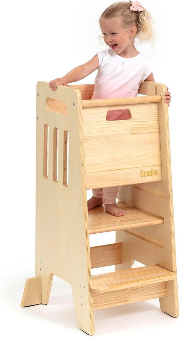 OCODILE Toddler Tower with a Sliding Door and 3 Adjustable Heights - Safe Toddler Kitchen Stool Helper with Support Feet - Updated Design for 18+ Months to 6-Year-Old Kids - Varnished