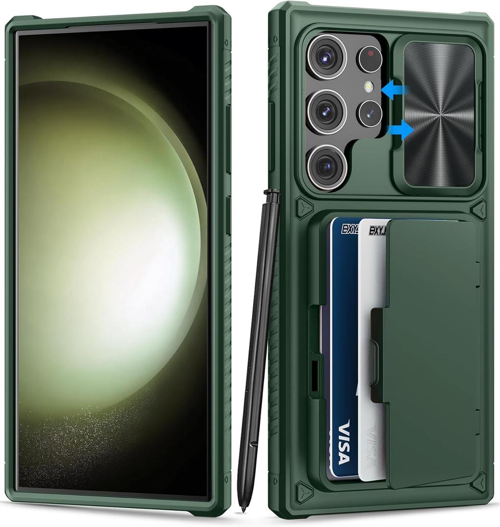 Case for Samsung Galaxy S23 Ultra Case with Card Holder (Store 4-5 Cards) & Kickstand & Slide Lens Cover, Military Grade Drop Protection, Rugged Silicone Wallet Case for Samsung S23 Ultra, Green