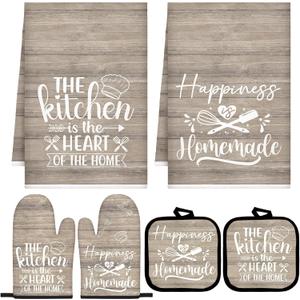 Sratte 6 Pcs Kitchen Decor Accessories Set Farmhouse Towels Pot Holders Oven Mitts Set 2 Dish Towels 2 Potholders 2 Cooking Mittens Oven Glove for Christmas Baking Cooking(Brown Wood Grain)