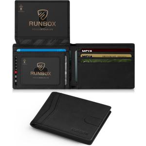 RUNBOX Wallet for Men Slim Rfid Leather 2 ID Window With Gift Box (Bicolor Crazy Horse Black)