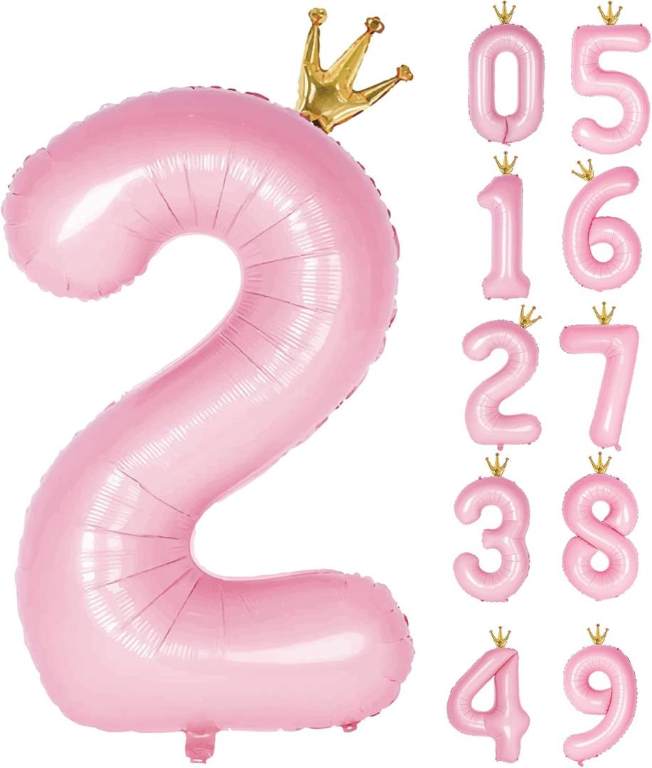Number 2 Balloon with Crown, Large number balloons 40 inch, 2nd Birthday Party Decorations Supplies Two Birthday Sign Decor, Pink
