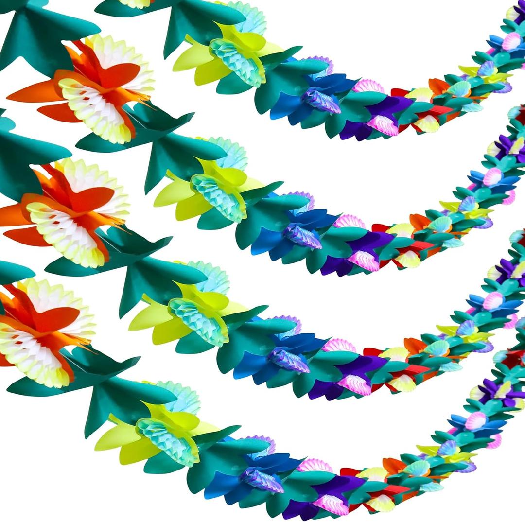BUSOHA 4 Packs Tissue Flower Garland - 12 Feet Long Tropical Multicolored Paper Flower Garland Banner for Hawaiian Luau Party Tiki Bar Tropical Birthday Baby Shower Wedding Party Decorations Supplies