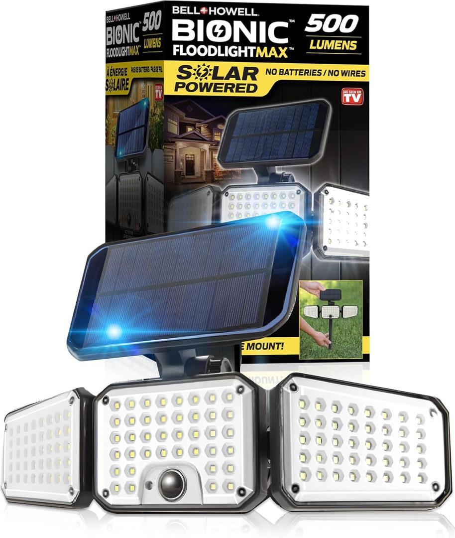Bell+Howell Bionic Flood Light AS SEEN ON TV, 500 Lumen Deluxe Version Bionic Floodlight, LED Solar Flood Lights Outdoor Motion Sensor Waterproof Solar Security Lights with 360 3 Panel Design