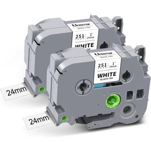 TZe 24mm 0.94 Laminated White Tz Tape Compatible for Brother Tze-251 Tz-251 P Touch Label Maker Tape 1 Inch TZ Refills for P Tpuch PT-D610BT PT-D600 P700 P710BT PT-P750WVP, Black on White, 2 Pack