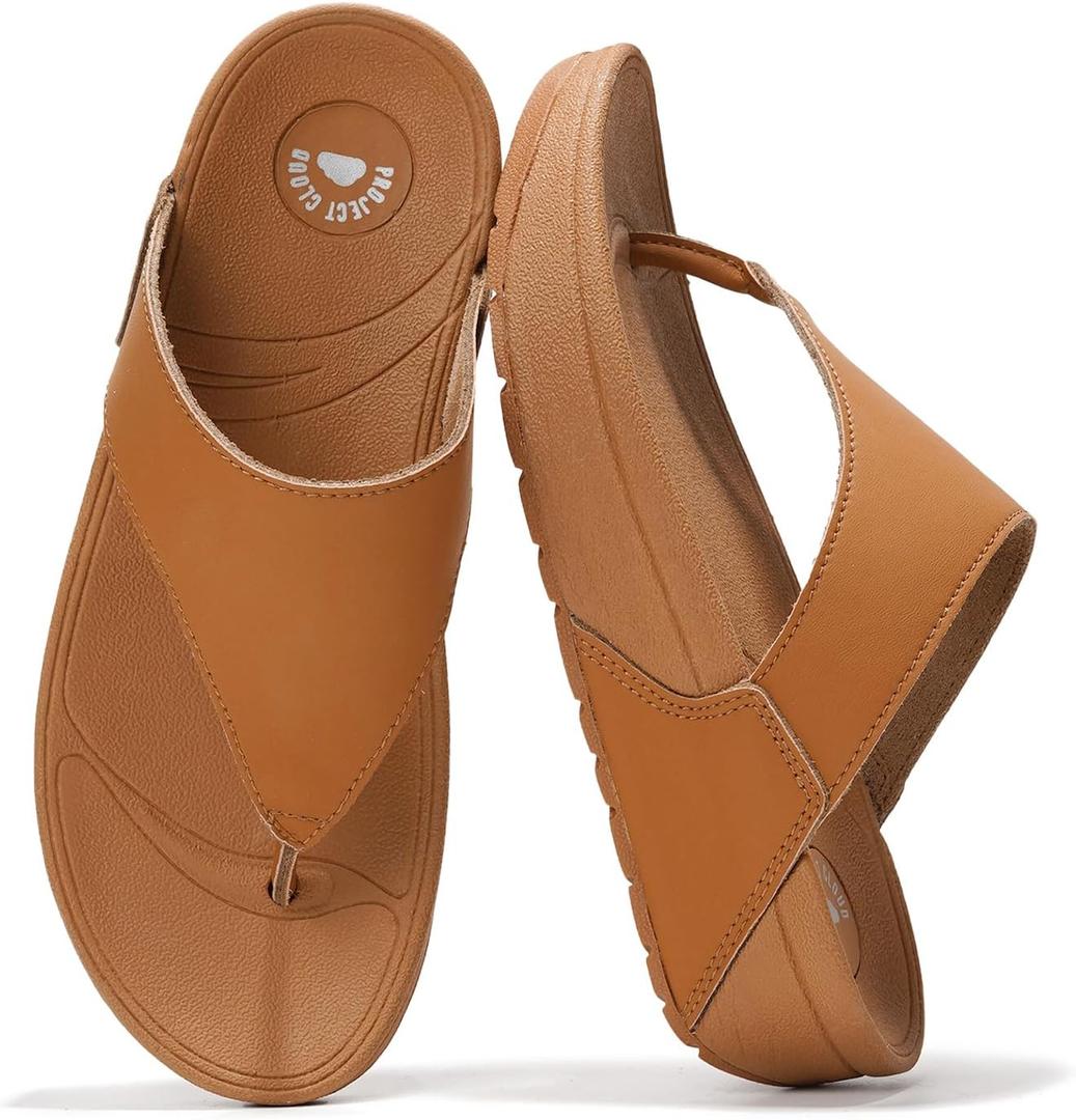 Project Cloud Women's Thong Comfortable Memory Foam Platform Sandals & Flip flops Non Slip Footwear, Leather Sandals for Women 2025 (Arlee), 5,  Brown
