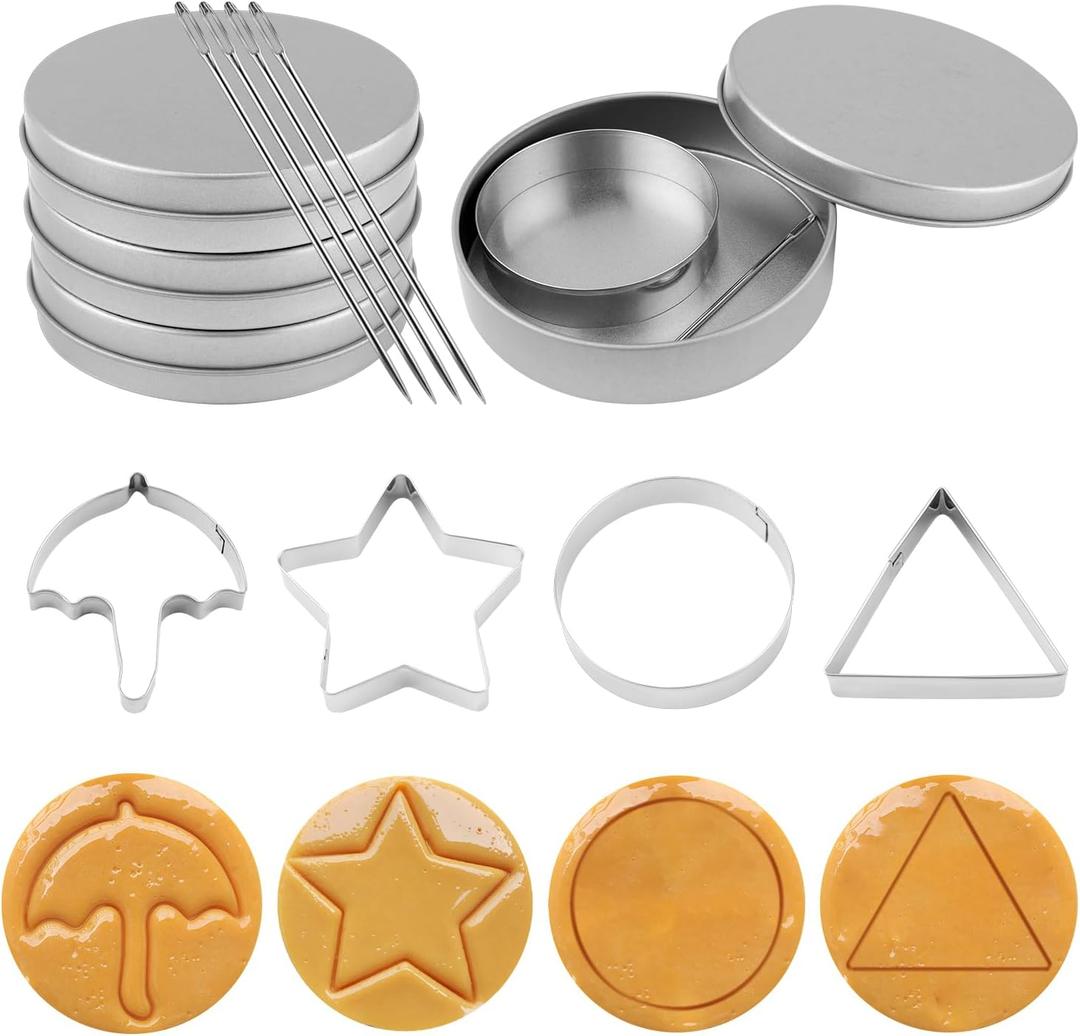12pcs Stainless Steel Game Cookie Cutters, Korean Dalgona Candy Sugar Making Tools with Umbrella, Triangle, Star, Round Biscuit Molds for Christmas, Valentine's Baking Kits, Tin Boxed Party Favors