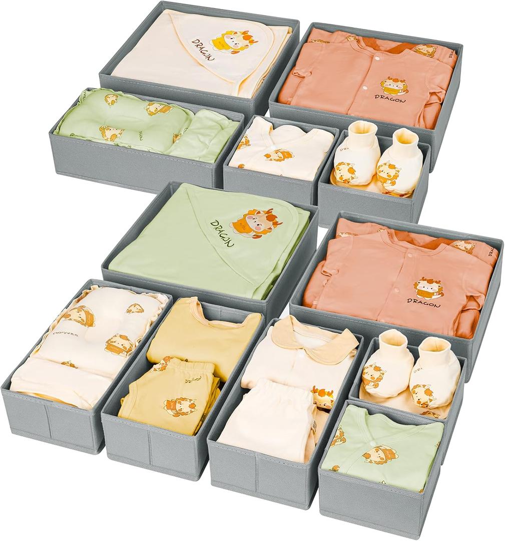 DIMJ Drawer Organizer Clothes 12 Pack - Foldable Baby Organizers and Storage & Dresser Organizer for Bedroom, Closet - Nursery Organization Dresser Dividers for underwear, Sock, Bra, Belt, Tie, Gray