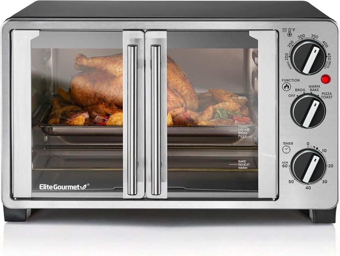 Elite Gourmet ETO2530M Double French Door Countertop Toaster Oven, Bake, Broil, Toast, Keep Warm, Fits 12" pizza, 25L capacity, Stainless Steel & Black, 6-slice, 25l