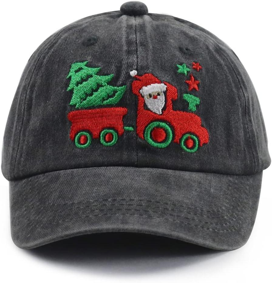 Christmas Hat for Kids Age 2-8, Adjustable Cotton Embroidery Xmas Holiday Santa Toddler Baseball Cap (One Size, Black)