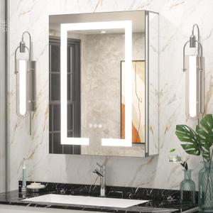 Keonjinn 20 x 26 Inch Lighted Medicine Cabinet with Mirror Surface Mount or Recessed, 3 Color Dimmable Frontlit Medicine Cabinet with Lights, Tempered Glass UL Listed LED 2-Side Mirror with Storage (Silver)