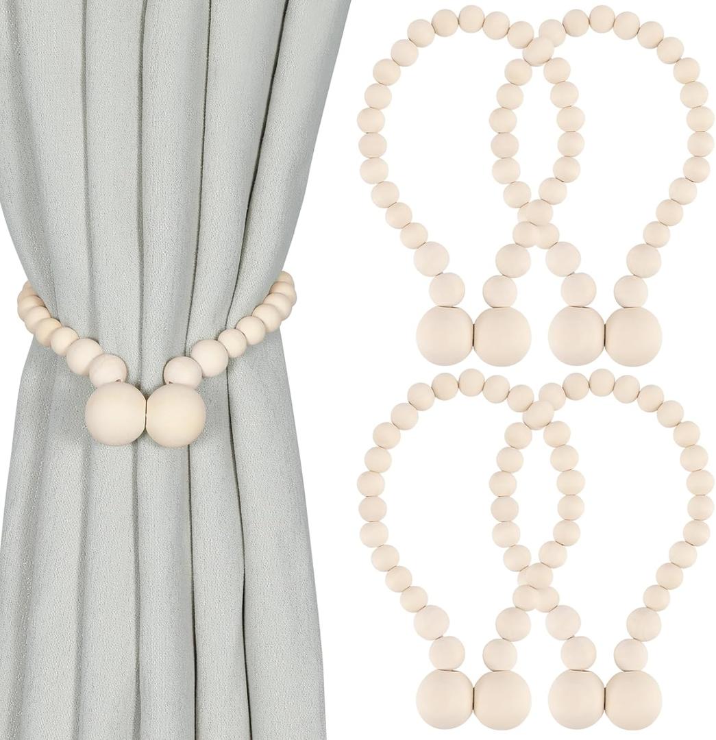Magnetic Curtain Tiebacks, Curtain Tie Backs for Curtains 4 Pack, Wood Bead Curtain Tiebacks, Curtain Holders for Boho Bedroom Decor, Baby Nursery Decor, Farmhouse Decor (Wood Color)