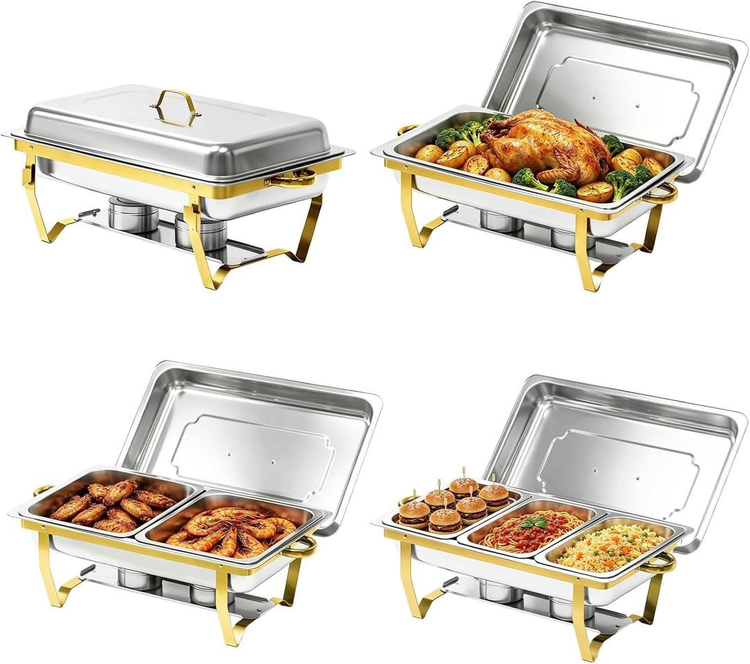 9QT Gold Rectangular Chafing Dishes Buffet, 7 Multi-Size Food Pan, 4Pack