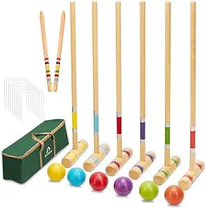 ApudArmis Six Player Croquet Set with Premiun Rubber Wooden Mallets 28In,Colored Ball,Wickets,Stakes - Lawn Backyard Outdoor Game Set for Adults/Teenagers/Family (Large Carry Bag Including)