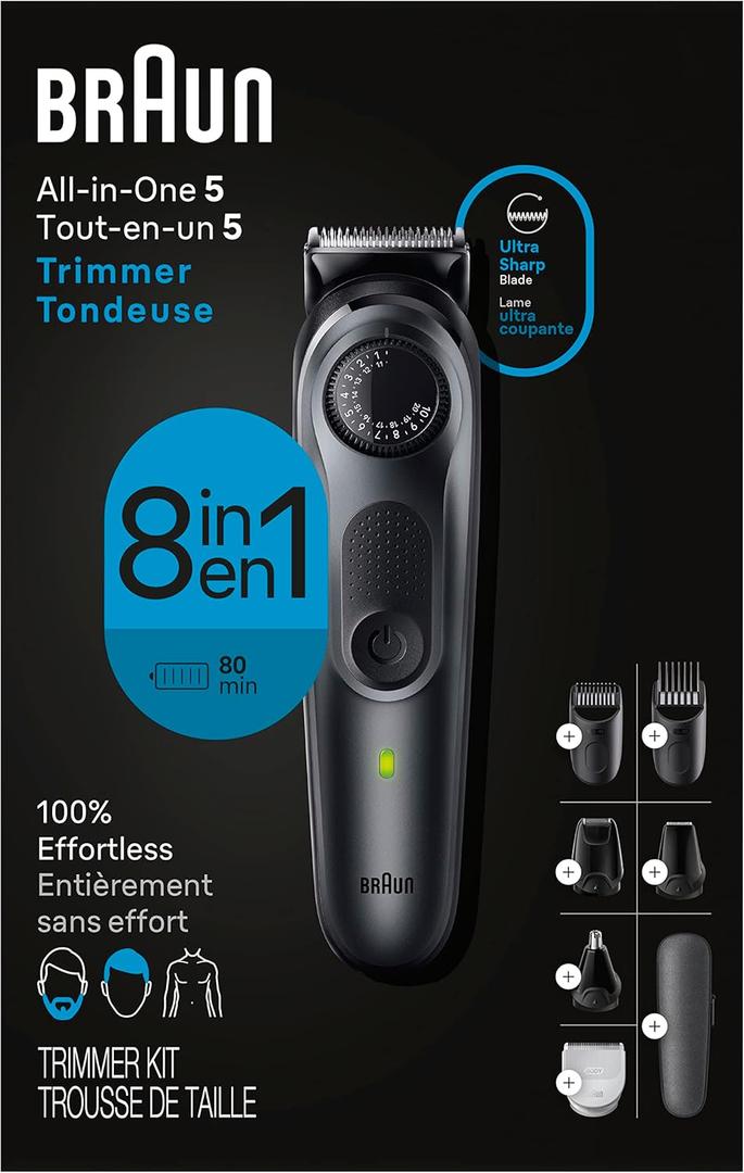 Braun All-in-One Style Kit Series 5 5471, 8-in-1 Trimmer for Men with Beard Trimmer, Body Trimmer for Manscaping, Hair Clippers & More, Ultra-Sharp Blade, 40 Length Settings, Waterproof (Black)