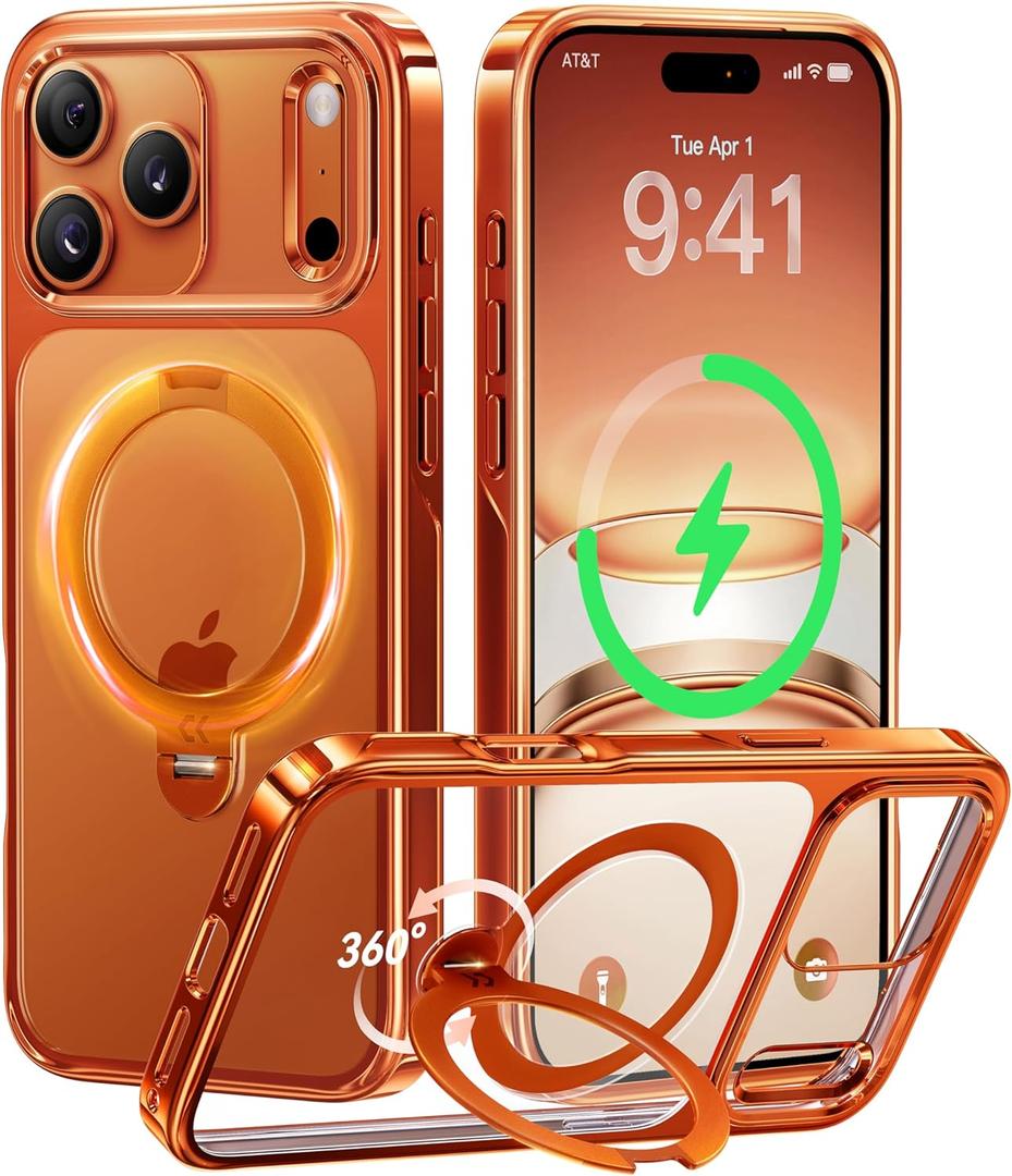 CASEKOO Cosmic Orange Glossy for iPhone 17 Pro Max Case [360 Spin Magnetic Stand][Fit for MagSafe][17FT Military Protection] Slim Polished for iPhone 17 Pro Max Case with Stand 6.9", Cosmic Orange