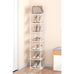 Vertical Tall Shoe Rack Organizer for Entryway -7 Tier Free Standing Slim Narrow Bamboo Wood Corner Stackable Shoe Boots Storage Stand Small Spaces for Closet Garage Cloakroom Living Room (White)
