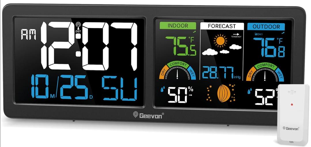 Geevon Weather Stations Wireless Indoor Outdoor Thermometer with Atomic Clock, HD Color Display Digital Temperature Humidity Gauge with Brometer, Comfort Indicator, and Adjustable Backlight (Black)