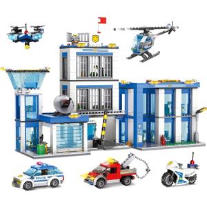 City Police Station Building Blocks Sets, City Police Prison Kits with Police Car, Helicopter Motorcycle, Trailer and Drone, Toy Building Kit Gift for Kids Boys Ages 6-12 (1001 Pieces)