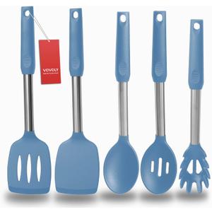Silicone Spatula and Cooking Spoon,5 Pack Solid & Slotted Spoons and Spatulas Silicone Heat resitant for Kitchen, Stainless Steel Handle Coated with Silicone, Non Stick Utensil, Starry blue (Starry blue)