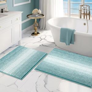 BSICPRO Bathroom Rugs and Mats Sets, 2 Piece Thick Absorbent Chenille Bath Mat Rug Set Non Slip, Soft Shaggy Bath Room Floor Mats for Bathroom, Machine Washable (Aqua Green, 20" x 32" Plus 16" x 24")