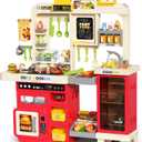 Pupu Pig Kids Kitchen Playset, Play Kitchen with Stove, Grill, Sink, Play Food, ToyKitchen Accessories, Cooking Kitchen with Lights Sound Steam, Pretend Play Toys for Kids Toddler Birthday Gifts