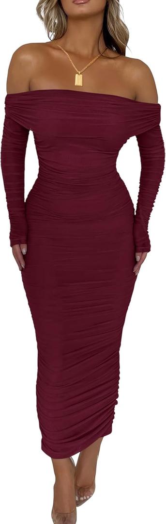 PRETTYGARDEN Women's Fall Off The Shoulder Maxi Dress Spring Long Sleeve Ruched Fitted Bodycon Club Dresses with Slit (Large, Wine Red)