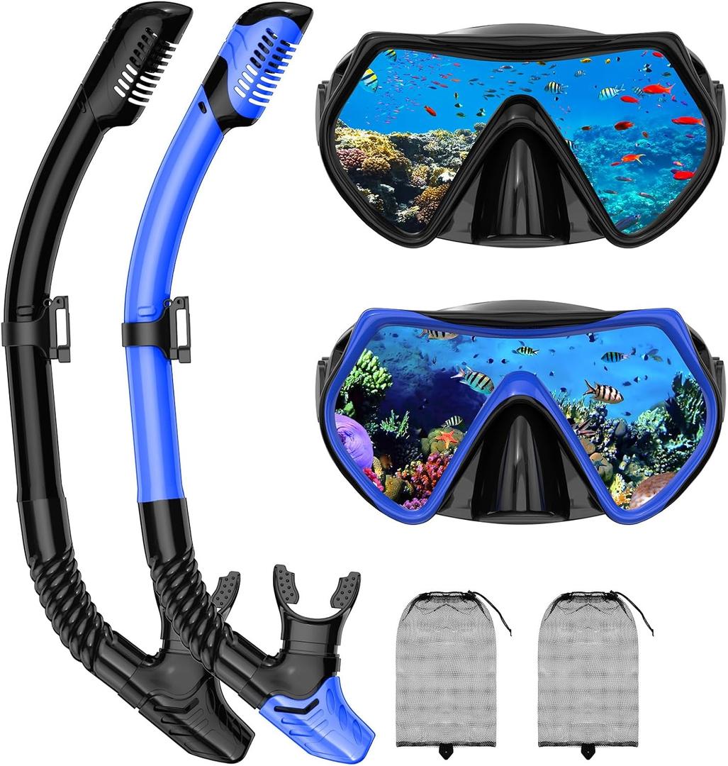 Snorkeling Gear for Adults, Adult Snorkel Mask Set Scuba Diving Dry-Top, Swimming Goggles w/Nose Cover, HD Tempered Glass Panoramic Anti-Leak Anti-Fog, Travel Snorkeling Packages Storage Bag, 2 Pack (Black+Blue)