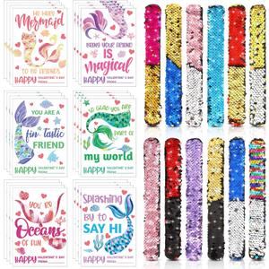Hanaive 24 Pack Valentines Day Mermaid Sequin Slap Bracelets for Kids with 24 Mermaid Cards Reversible Sequins Slap Bracelets Wristbands for Valentines Undersea Birthday Party Favor Classroom Prizes