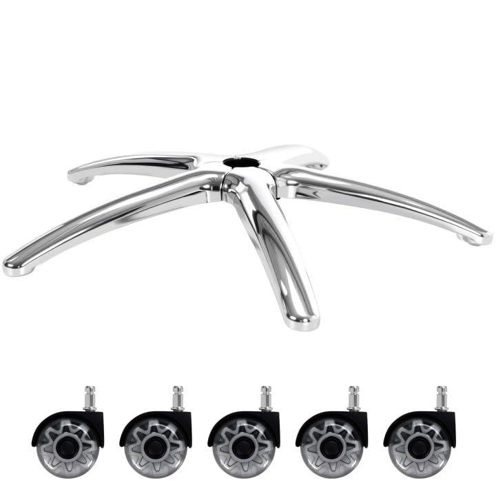 Frassie 28 Inch Office Gaming Chair Metal Base Replacement Part with 5 Wheels, Heavy Duty 2500 Lbs Wide Chair Legs Computer Desk Chair Base (Silver)