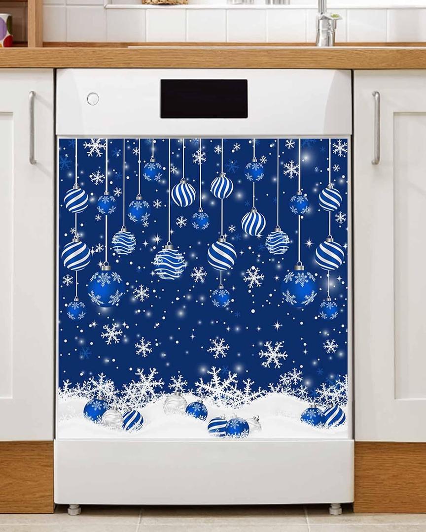 Christmas Dishwasher Magnetic Cover, Navy Blue Balls Winter Snowflake Magnet Dishwasher Door Cover Refrigerator Decal Panel Kitchen Appliances Decor Stickers, Easy Clean, 23" Wx26 H