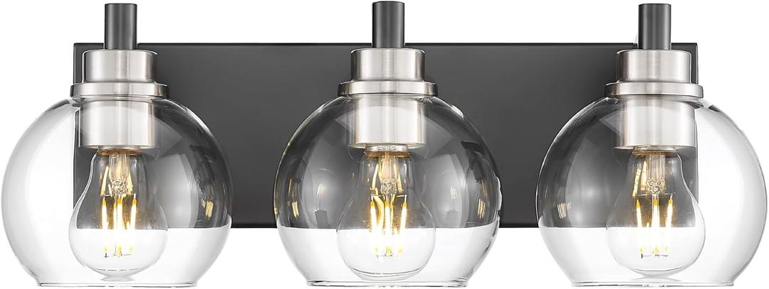 Bathroom Light Fixtures, 3-Light Black and Brushed Nickel Bathroom Vanity Light, Modern Wall Sconces with Globe Clear Glass Shade, Vanity Lighting Fixtures Over Mirror, VL195-KN-3
